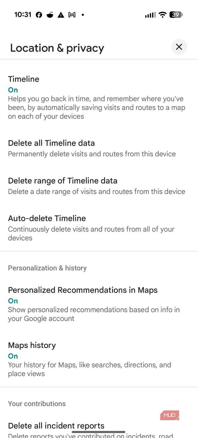 Screenshot of Google's Timeline settings.
