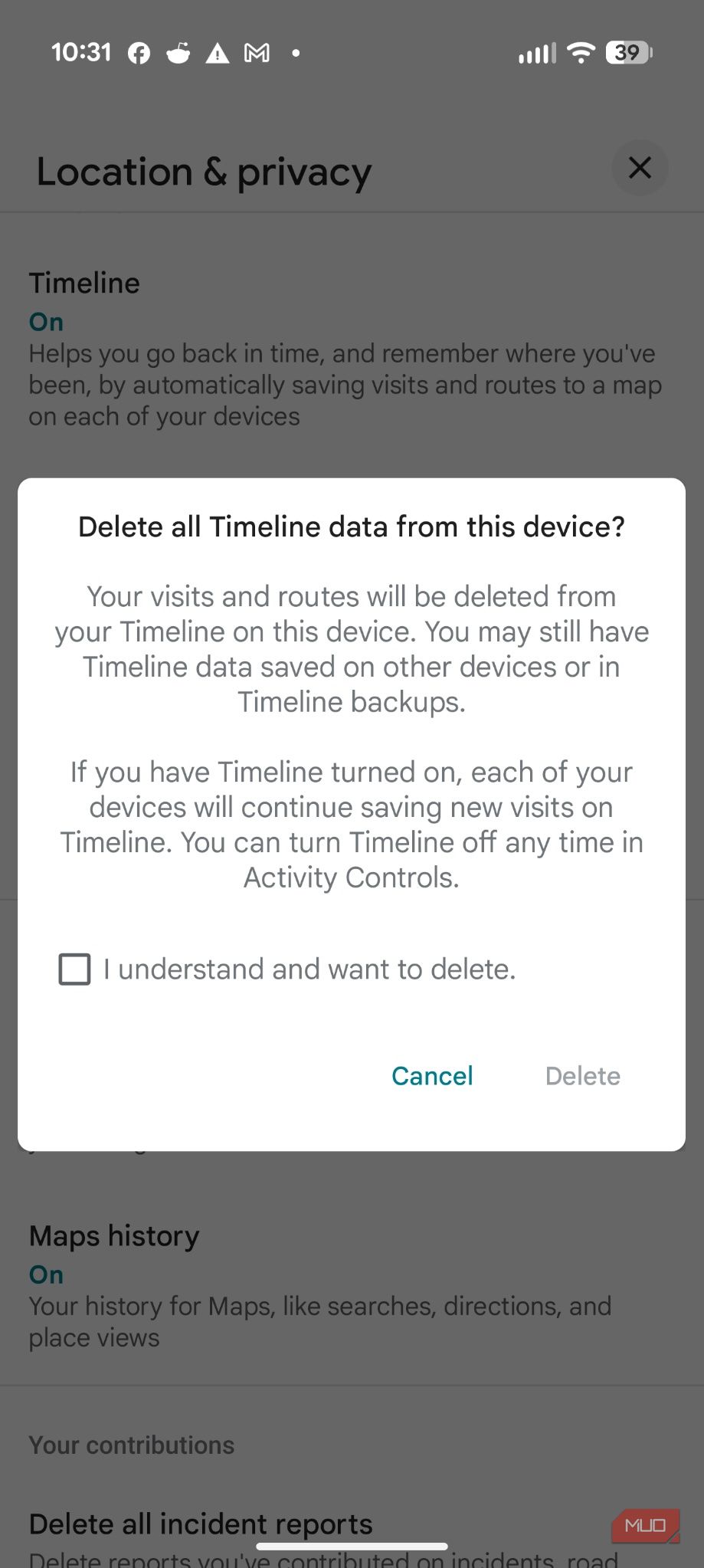Screenshot of Google's Timeline settings.