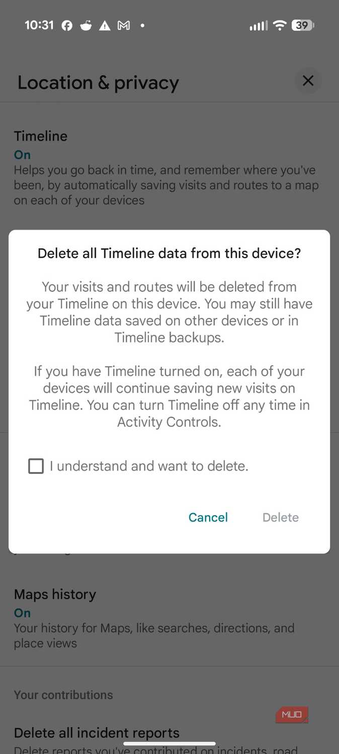 Screenshot of Google's Timeline settings.