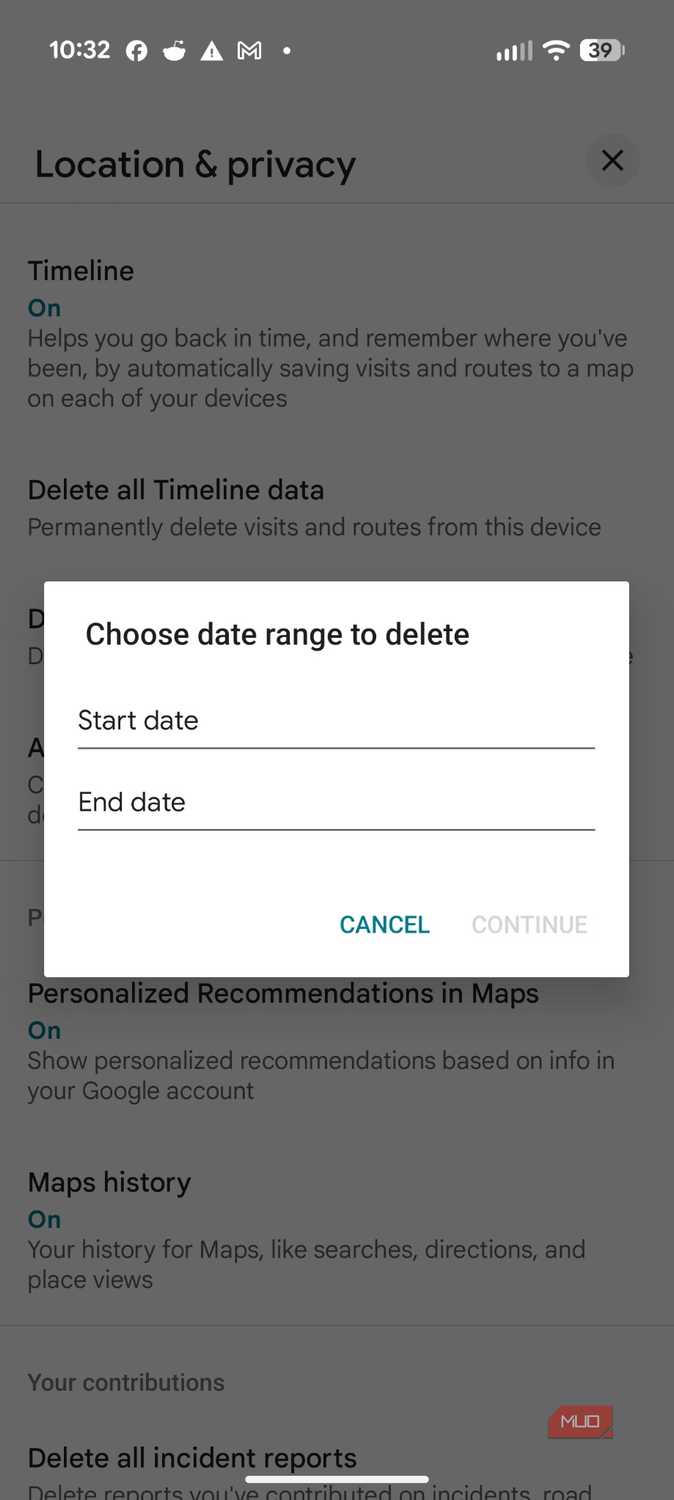 Screenshot of Google's Timeline settings.