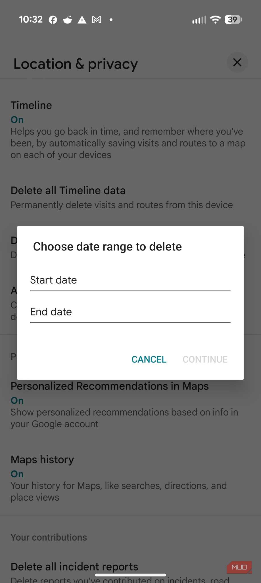 Screenshot of Google's Timeline settings.