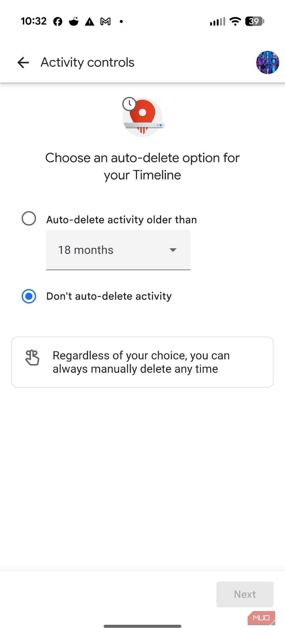 Screenshot of Google's Timeline settings.