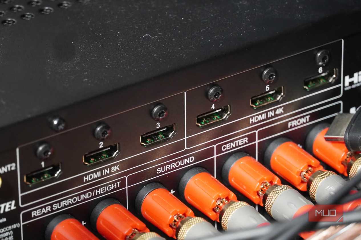 HDMI 8K and 4K inputs on the back of an AV receiver.