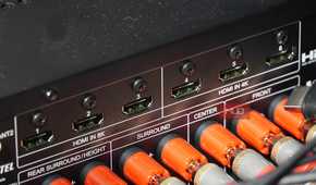 HDMI 8K and 4K inputs on the back of an AV receiver.