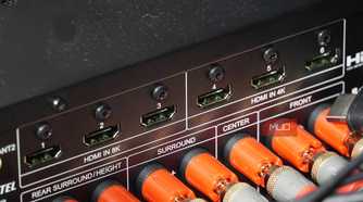 HDMI 8K and 4K inputs on the back of an AV receiver.