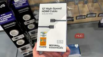 A high-speed HDMI cable with a certification badge attached.