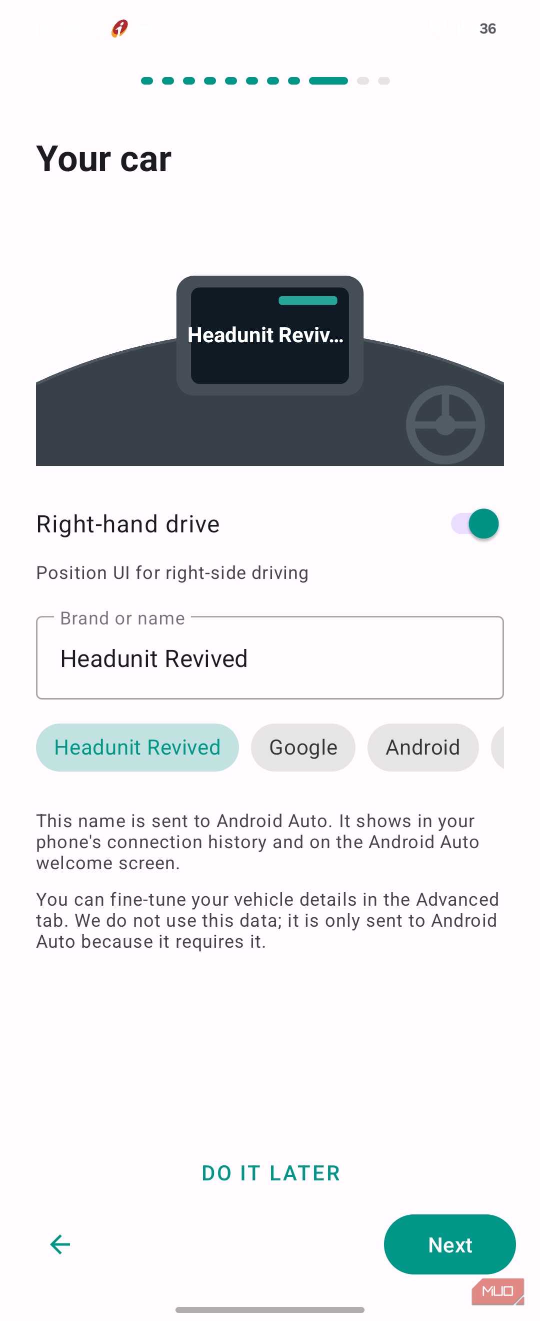 Headunit Revived Android Auto Right Hand Drive Setup Configuration Screen