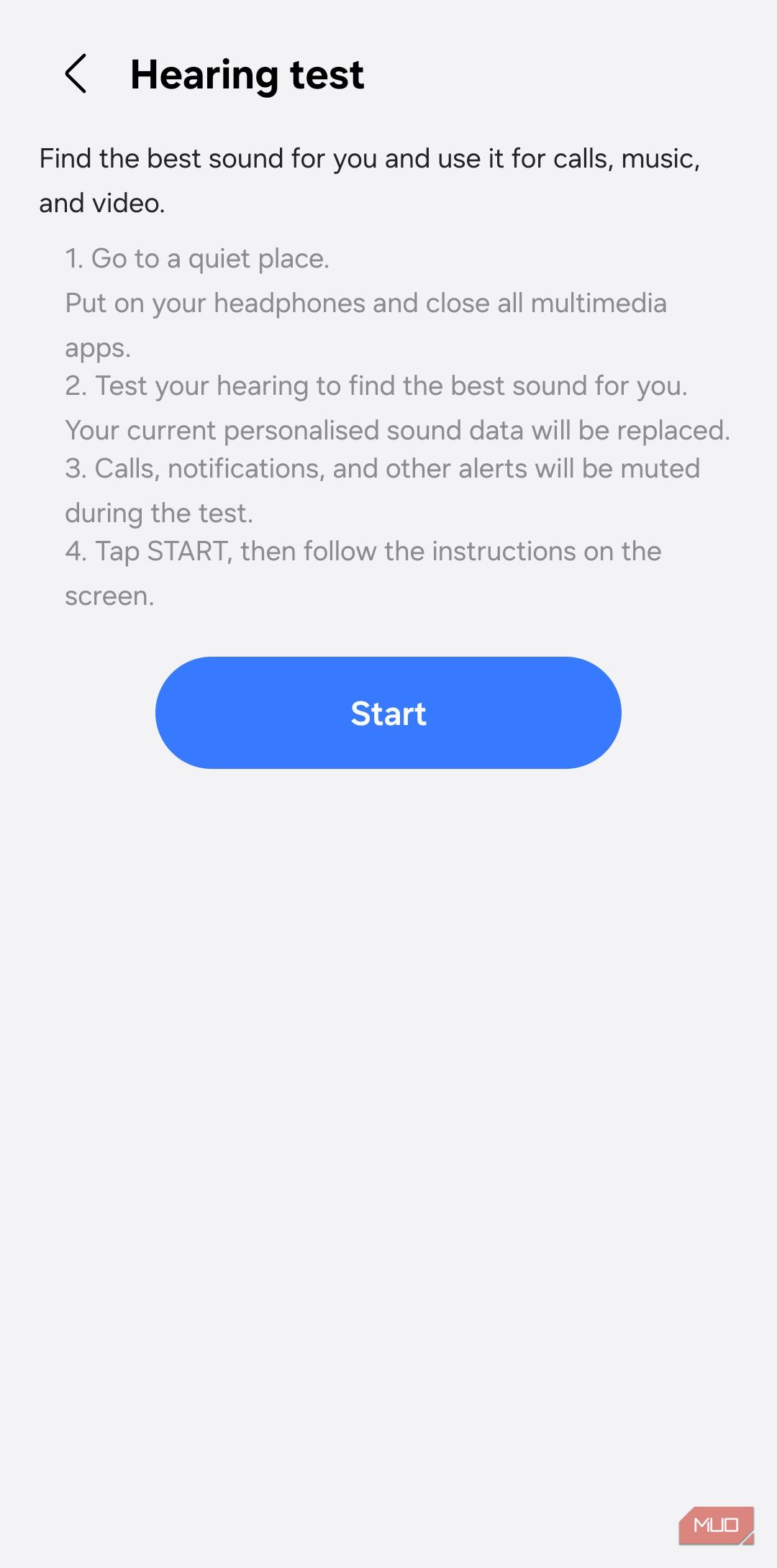 Hearing test menu on Samsung phone