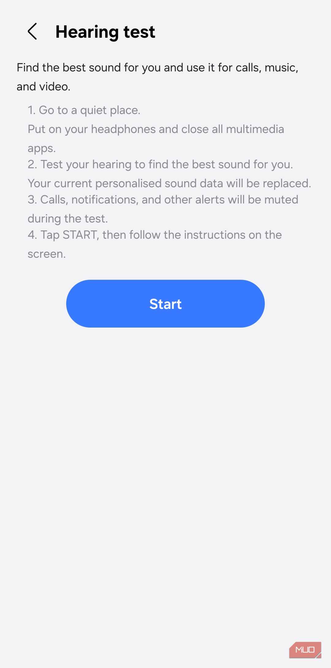 Hearing test menu on Samsung phone