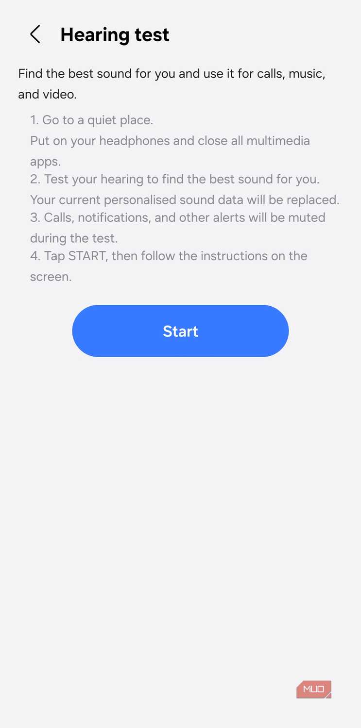 Hearing test menu on Samsung phone