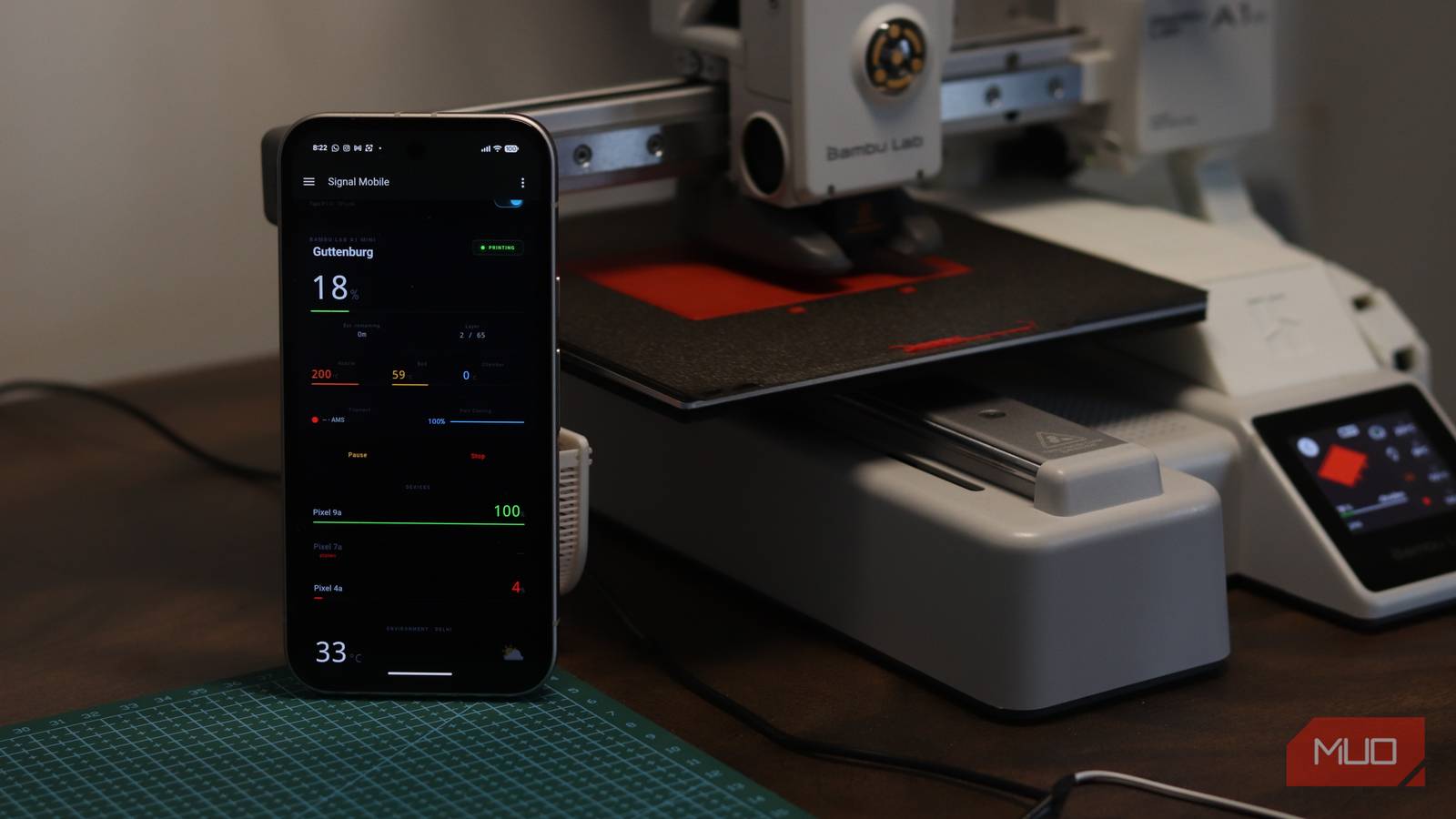 Home Assistant companion app with 3D printer in the background.