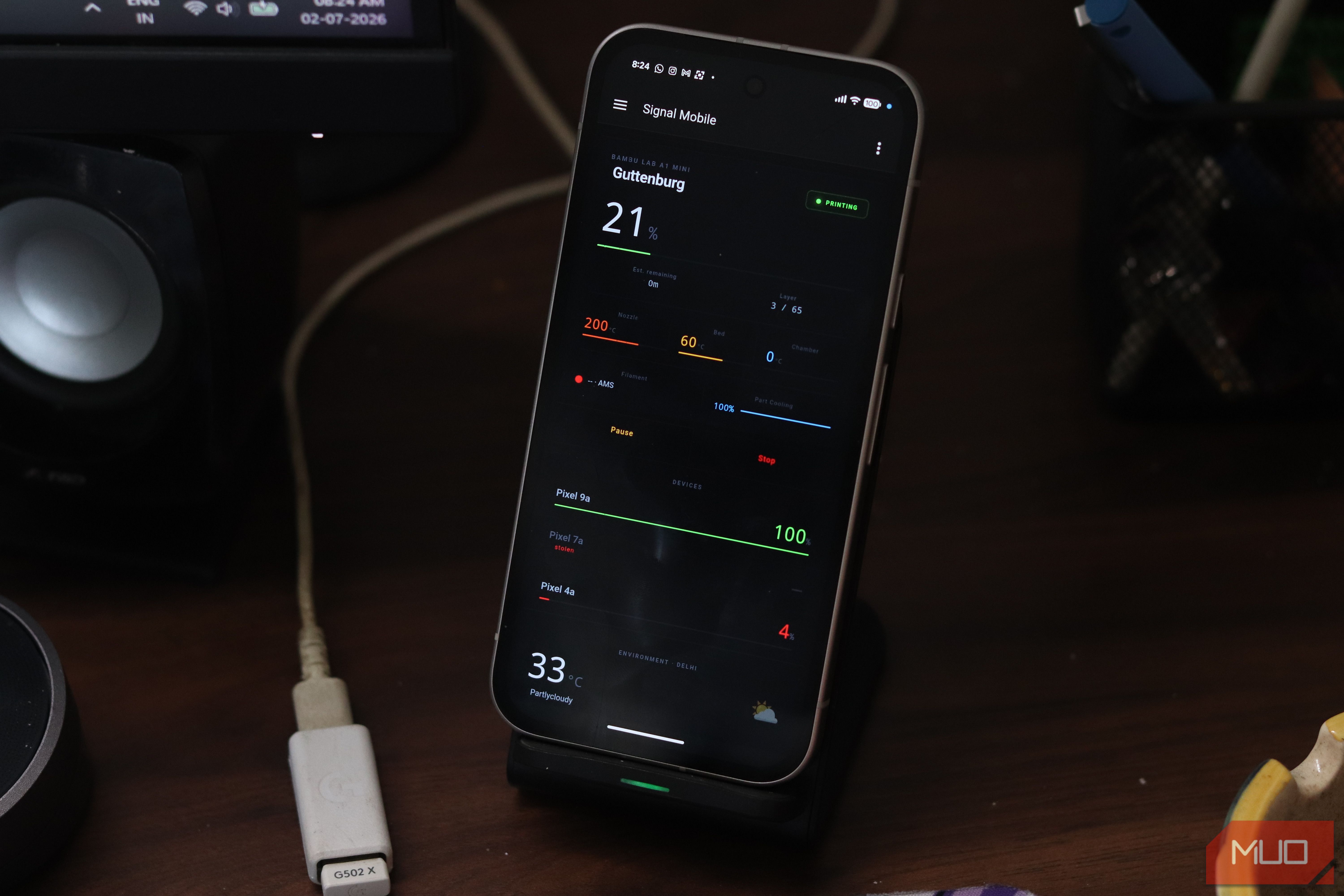 Home Assistant dashboard showing 3d printer stats on Pixel 9a.