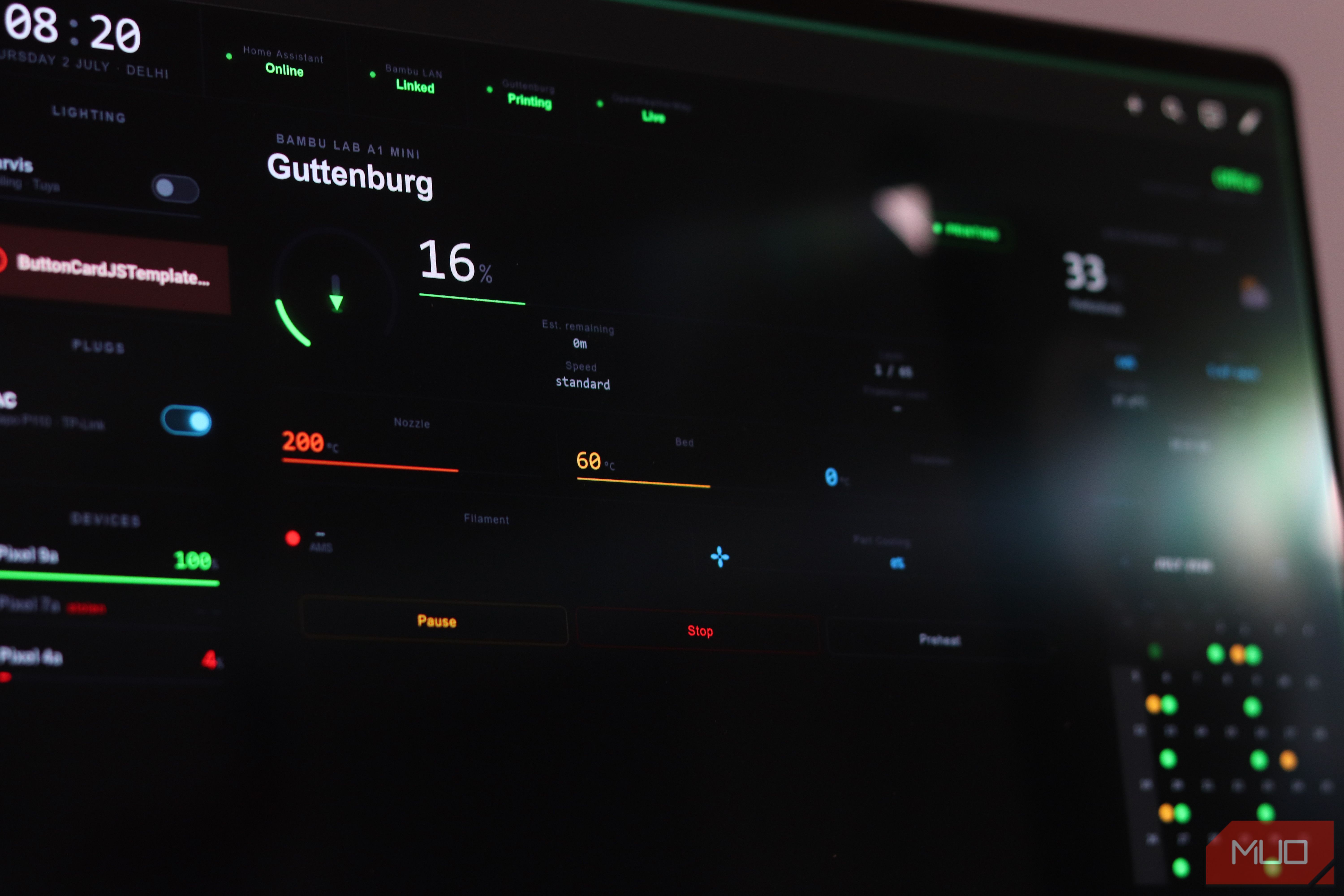 Home Assistant dashboard showing 3D printer status.