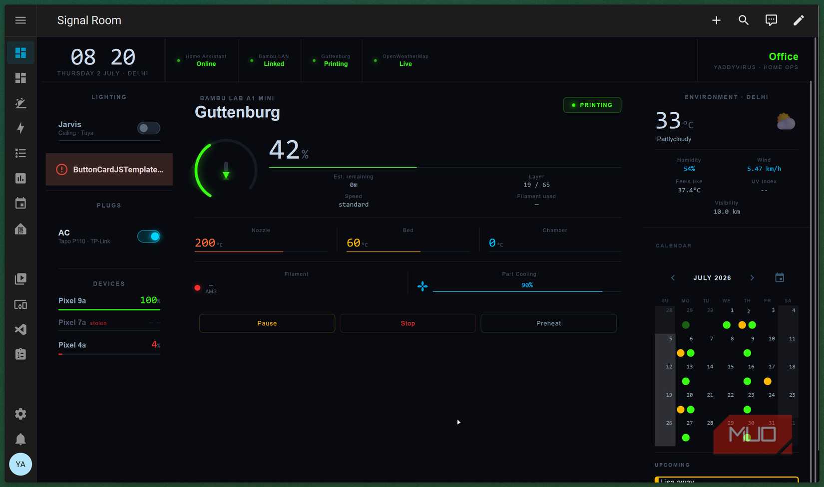 Home Assistant dashboard showing Bambu Lab 3D printer.