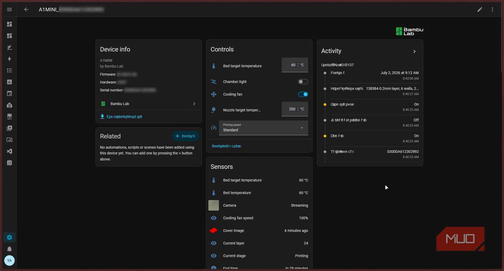 Home Assistant device page showing 3D printer entities.