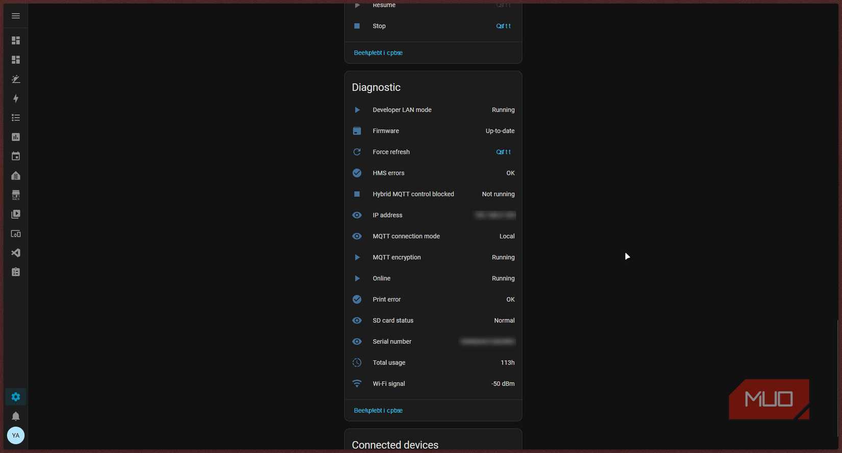 Home Assistant showing diagnostic 3d printer entities.