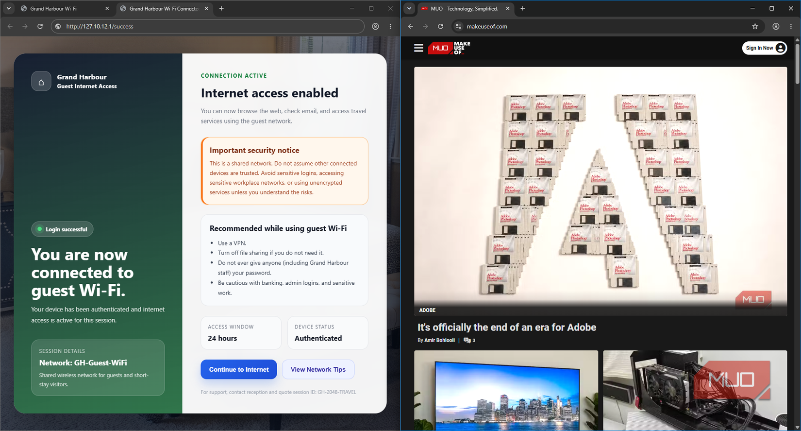 Hotel captive wifi portal with successful authentication and MUO home page