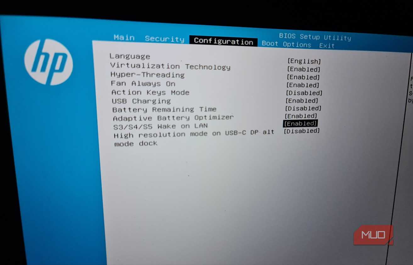 Enabling Wake on LAN in HP laptop BIOS