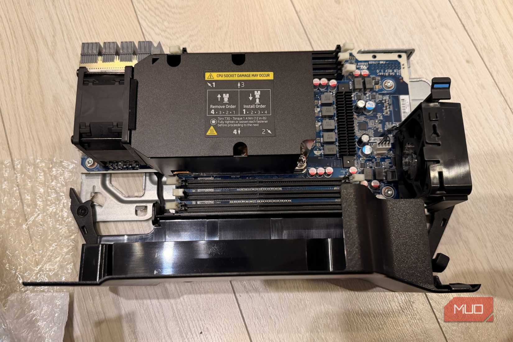 HP Z6 G4 motherboard tray removed from the case showing the CPU heatsink and memory slots