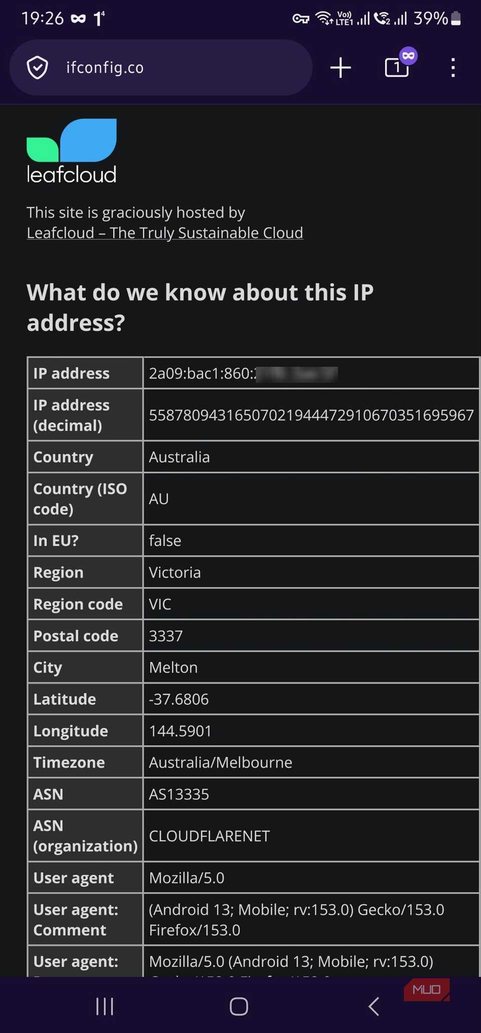 IFConfig.co public IP results when connected via Cloudflare WARP
