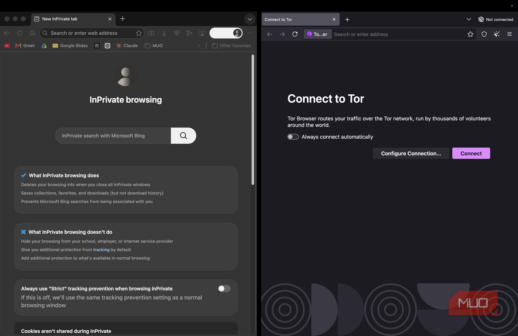 a screen showing Incognito mode and Tor browser displayed side by side