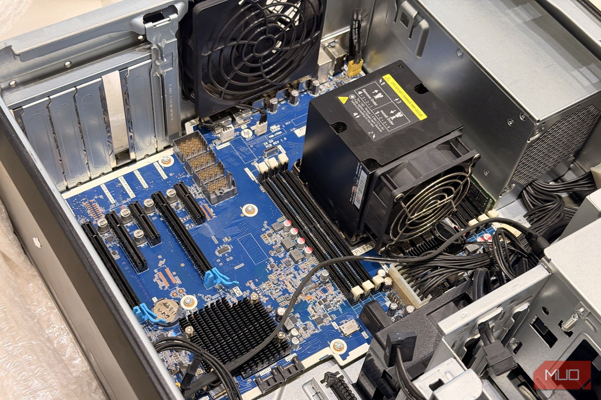 Inside the HP Z6 G4 case showing the PCIe slots, CPU fan, and heatsink