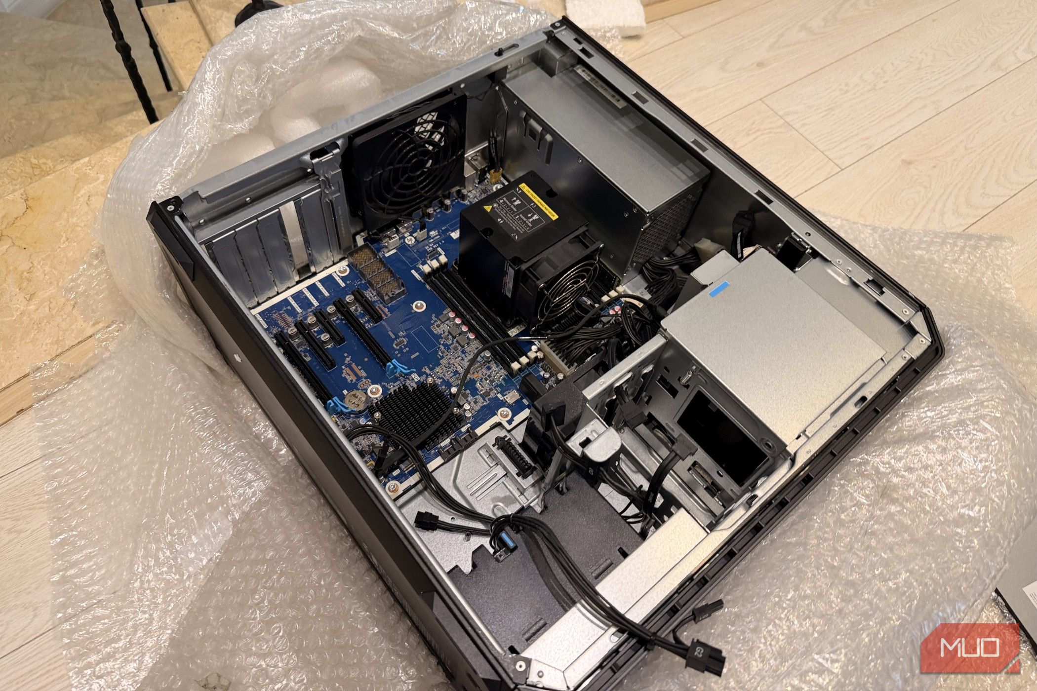 Inside the HP Z6 G4 case with the motherboard tray and drive bay installed