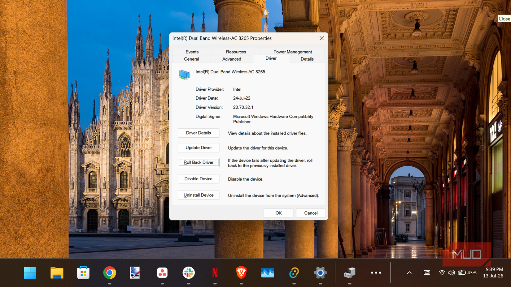 Intel wireless driver properties window.