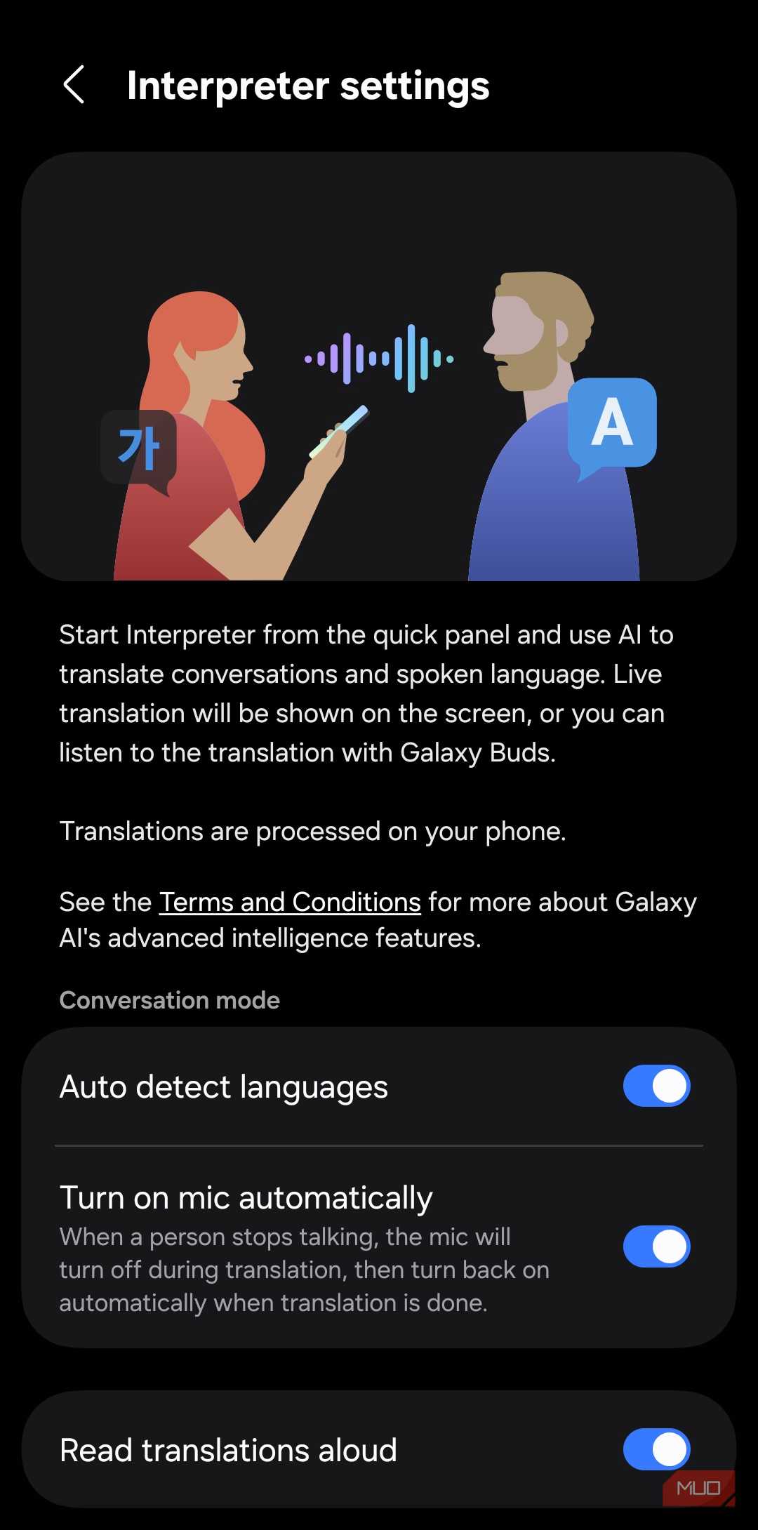 Interpreter feature on Samsung phone