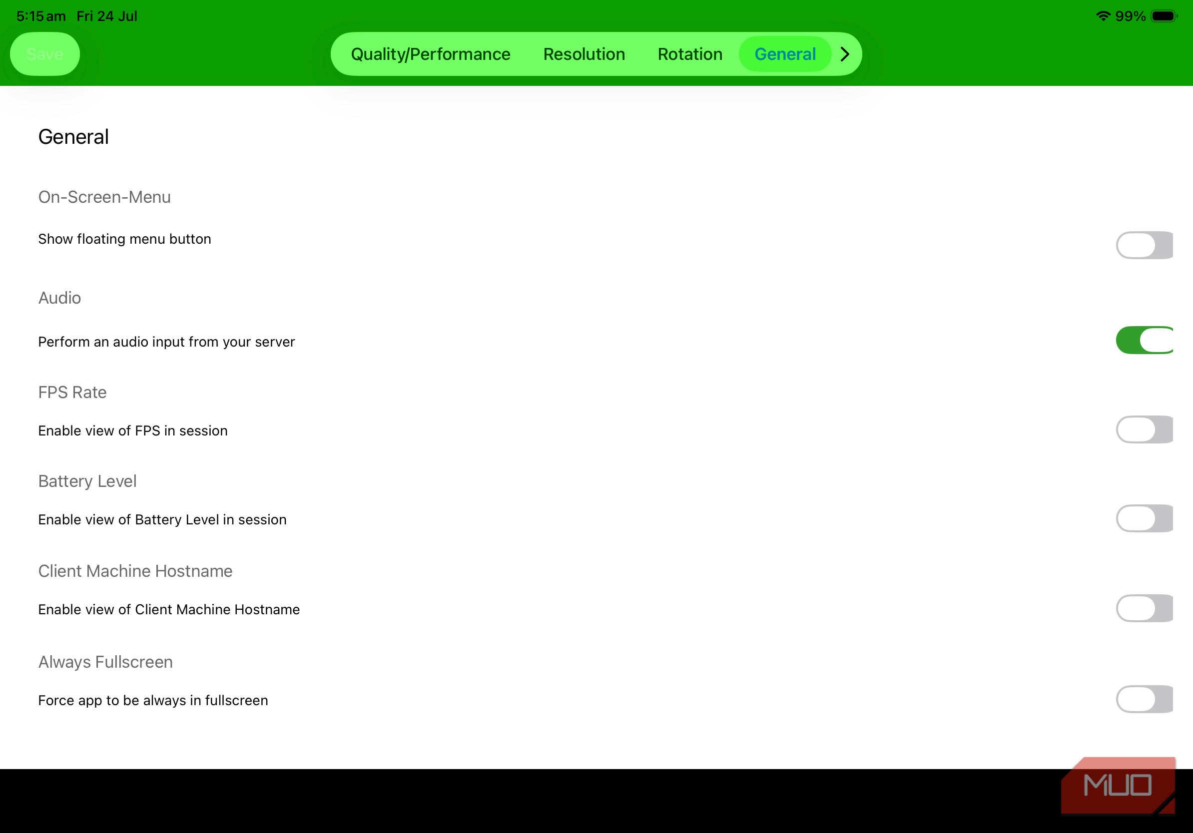iPad Spacedesk application settings menu on screen