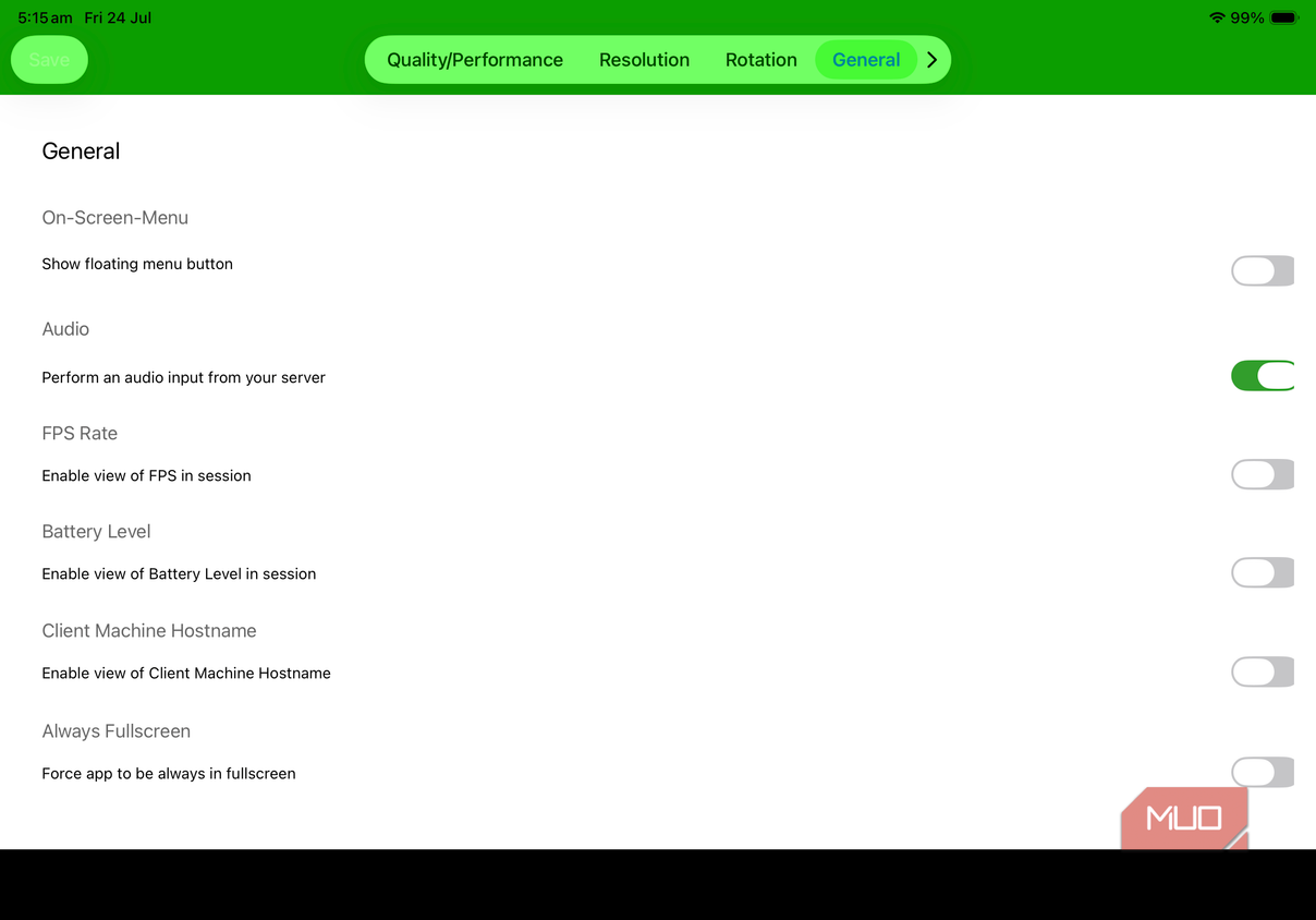iPad Spacedesk application settings menu on screen