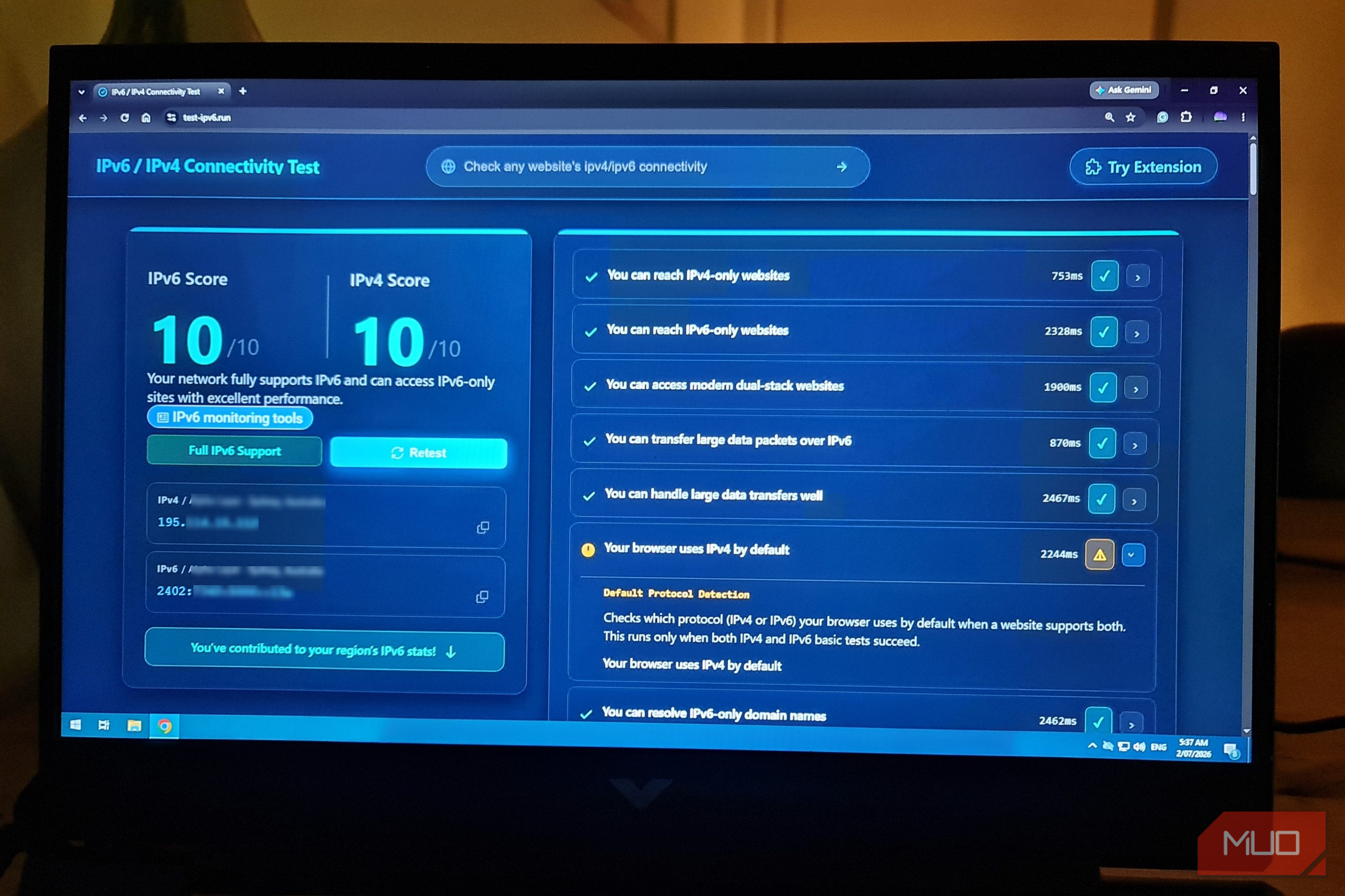 Dual-Stack configured server showing successful IPv6 test