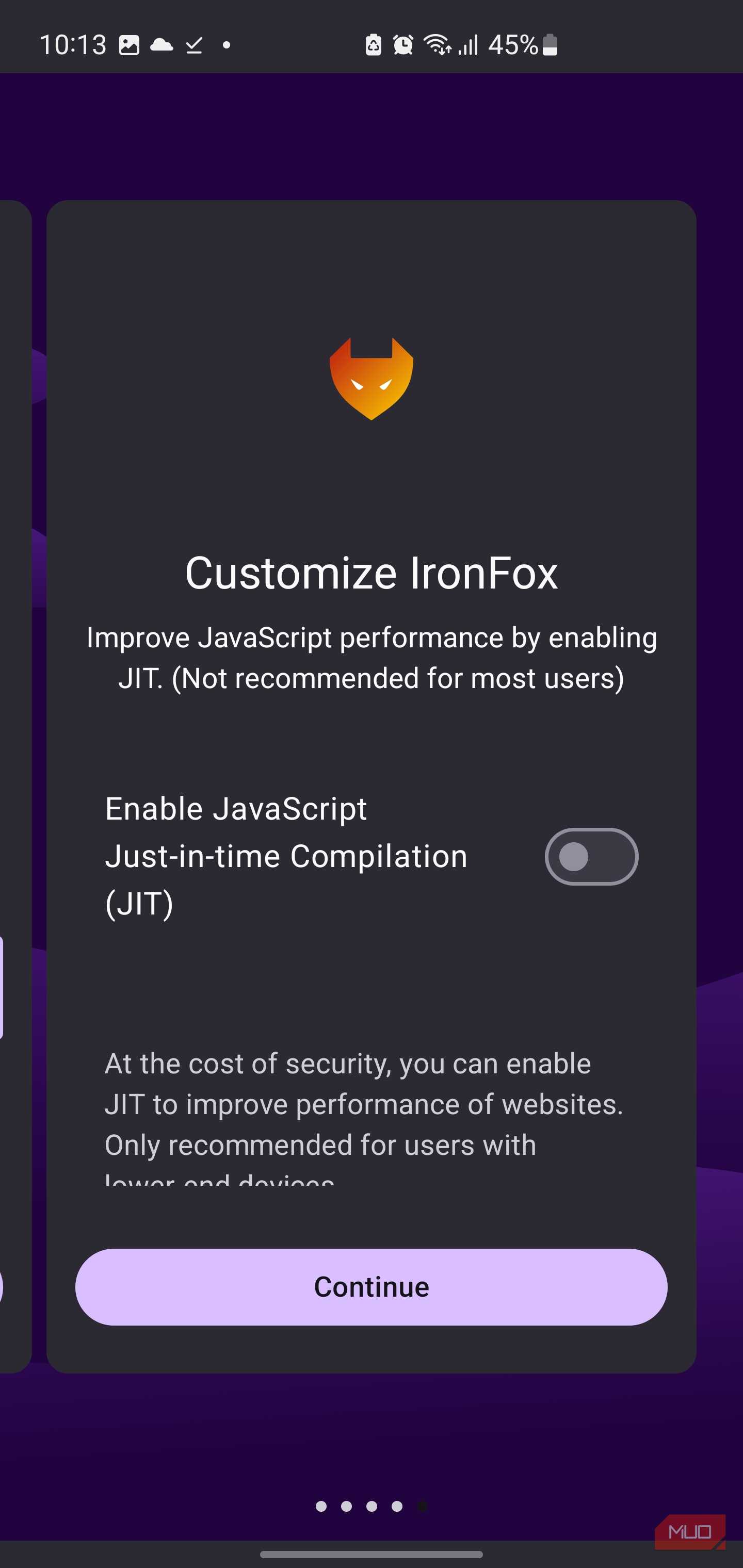 IronFox browser jit compilation settings screen
