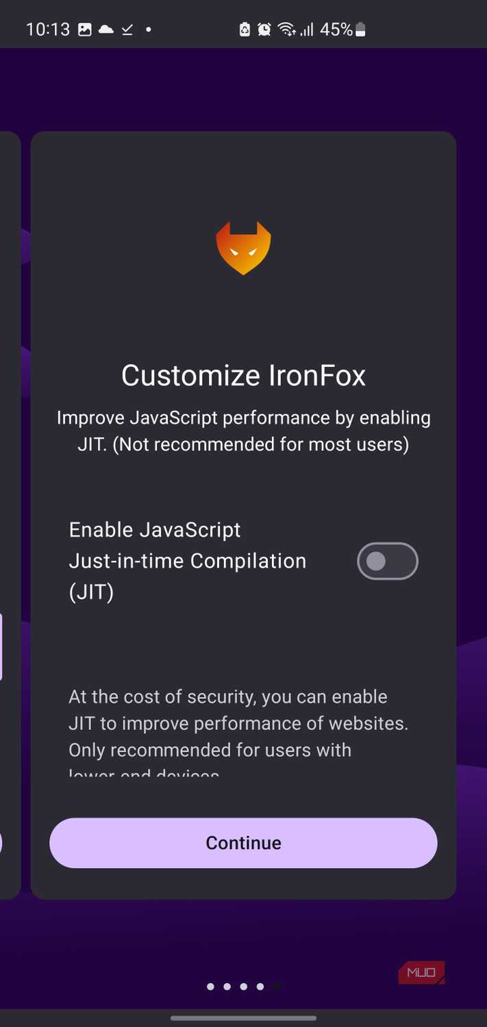 IronFox browser jit compilation settings screen