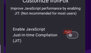 IronFox browser jit compilation settings screen