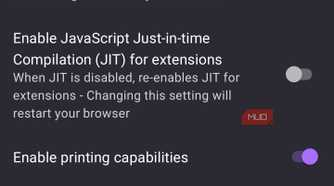 IronFox mobile browser application settings screen