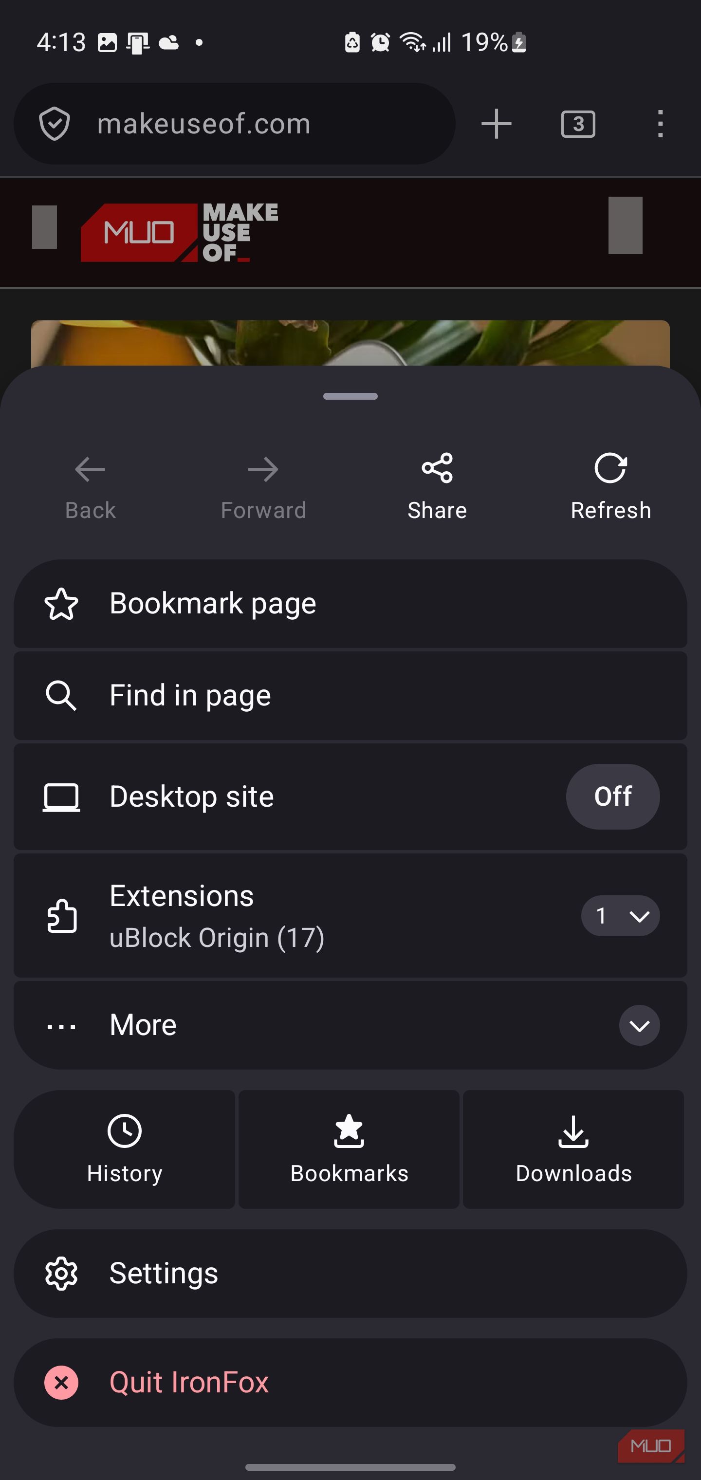 IronFox mobile browser settings menu