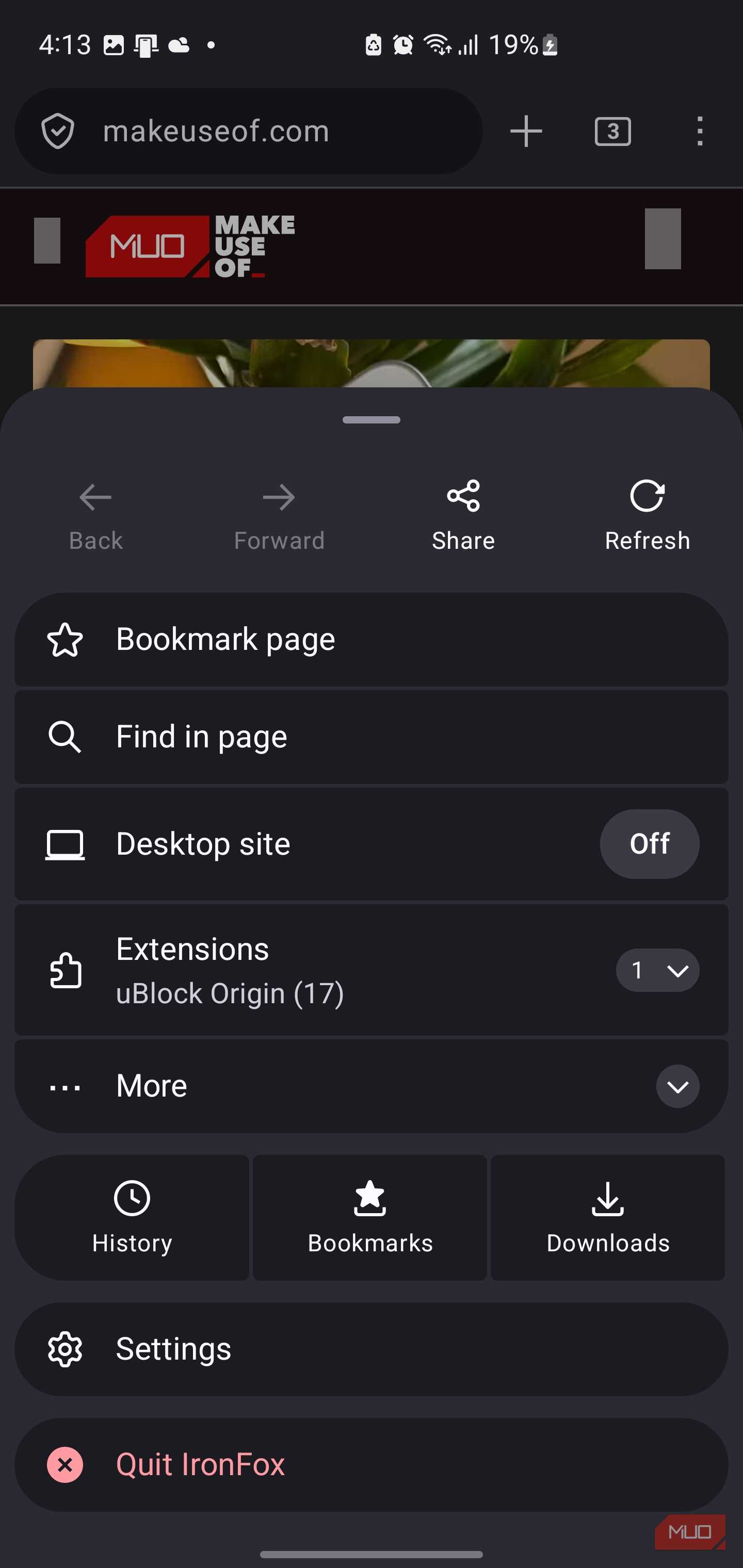 IronFox mobile browser settings menu