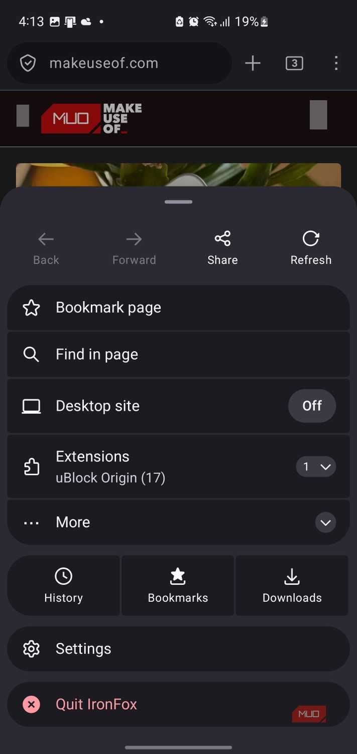 IronFox mobile browser settings menu