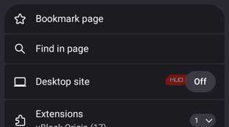 IronFox mobile browser settings menu