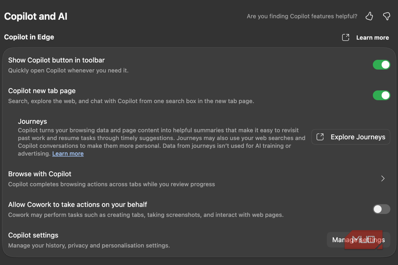 Journeys feature under Copilot and AI settings on Microsoft Edge browser