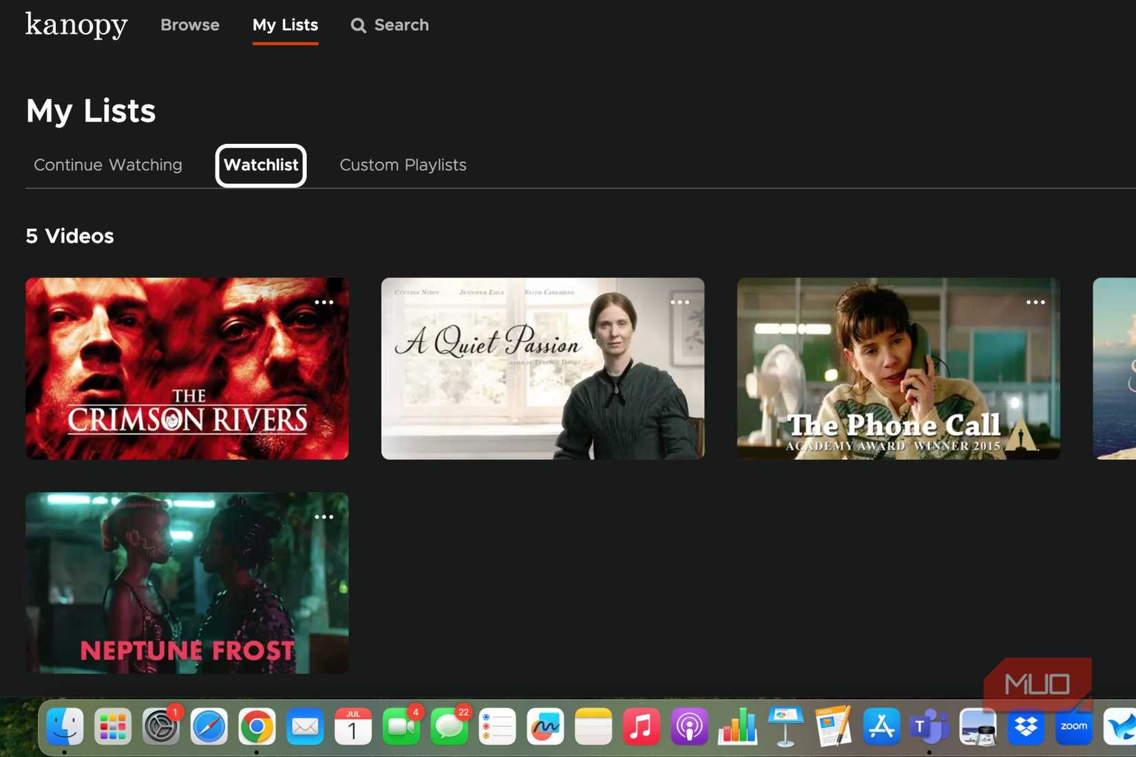 The my watchlist feature in Kanopy