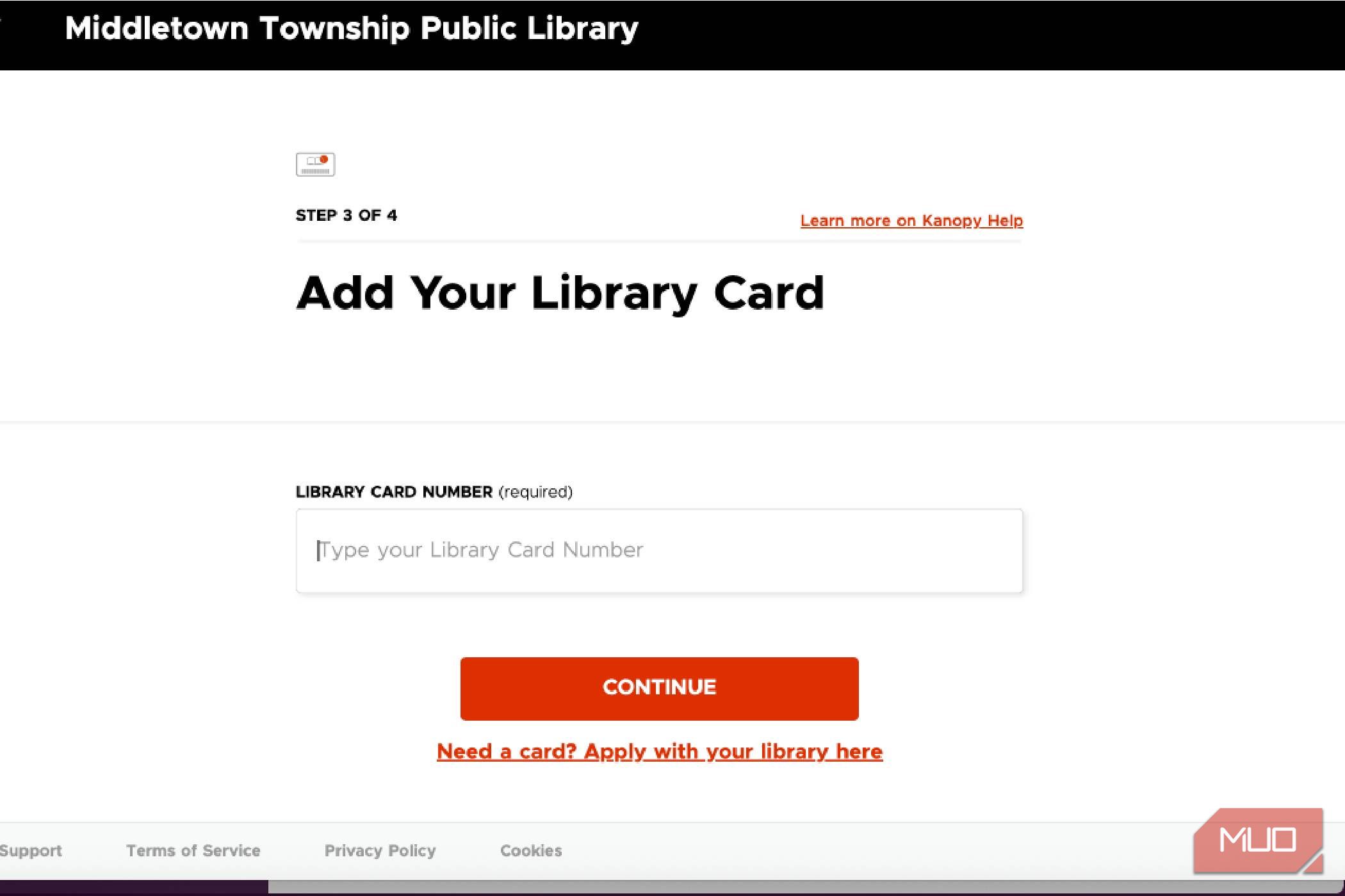 Step 3 of the Kanopy setup process where you type in your library card number