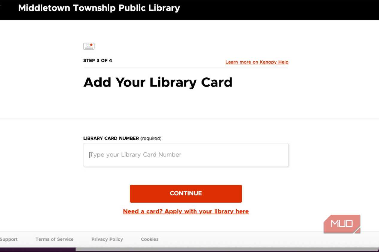 Step 3 of the Kanopy setup process where you type in your library card number