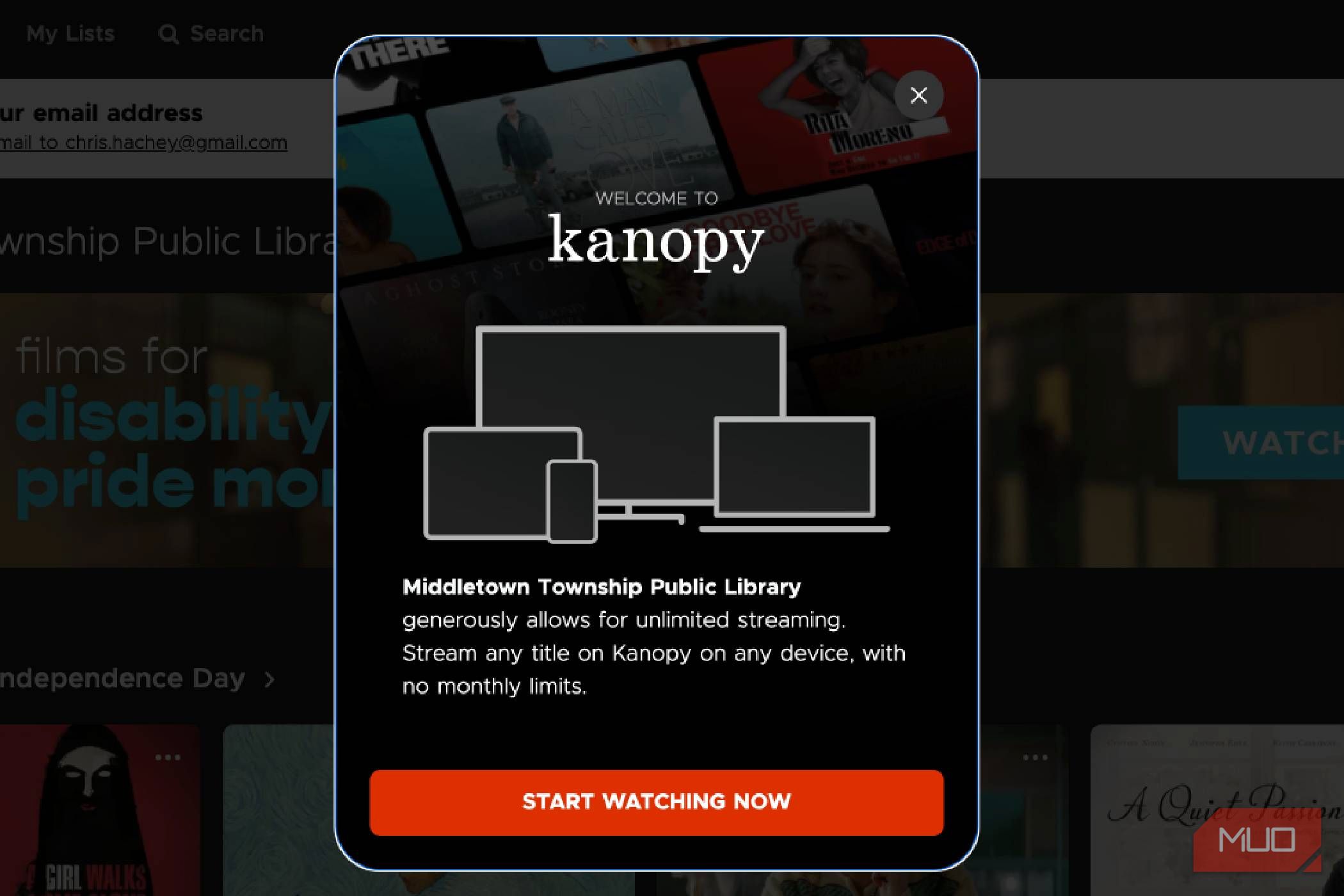 The welcome to Kanopy page that tells you your library's Kanopy rules