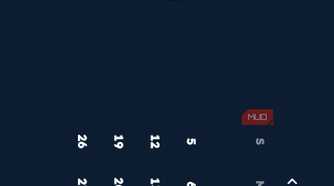 Landscape view of Key Launcher showing a large clock, status icons, and a full calendar grid for July 2026 on a dark background
