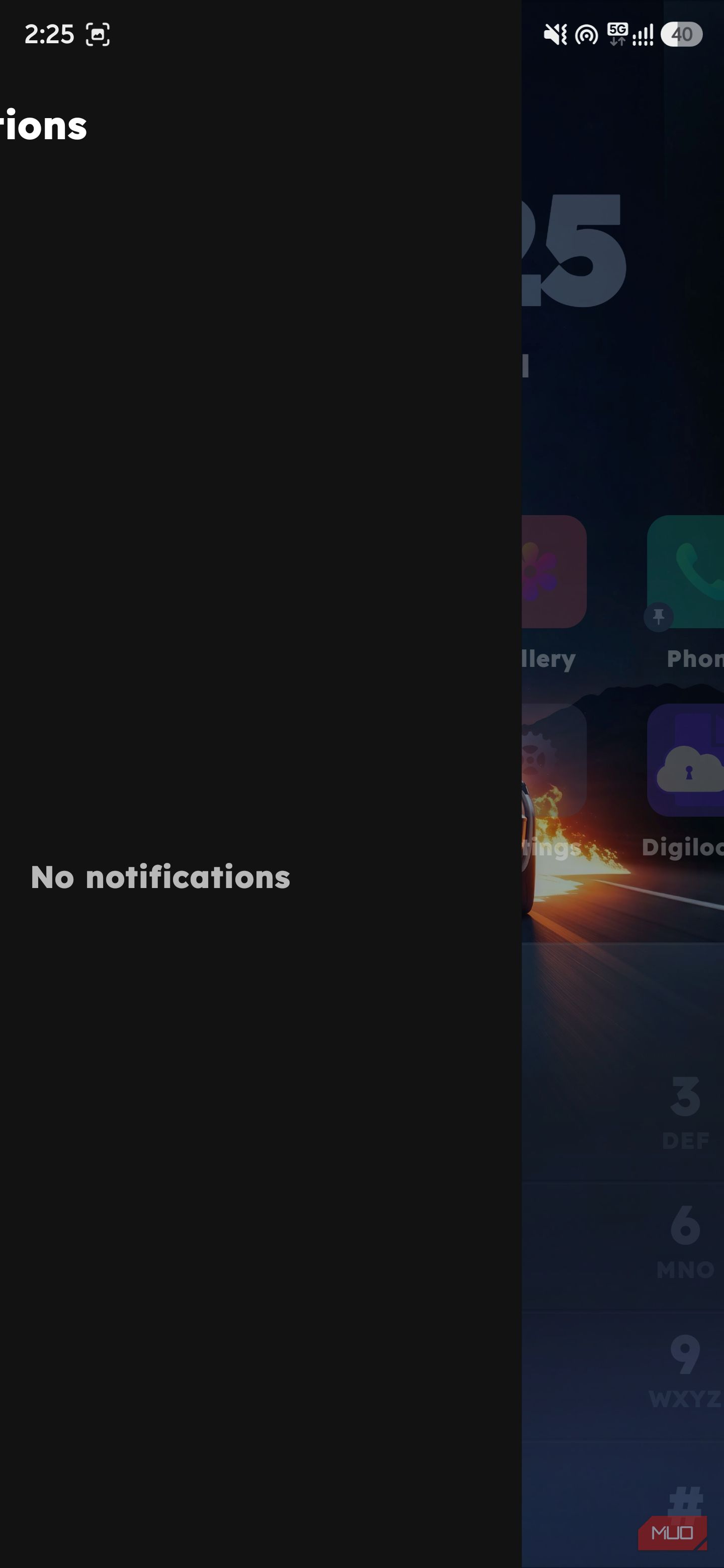 Mobile screen split showing a side-panel notification center with the message "No notifications" next to a home screen