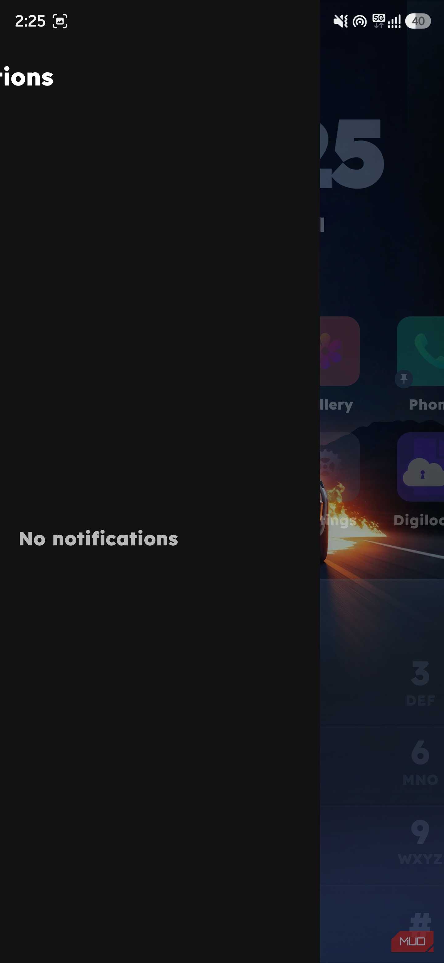 Mobile screen split showing a side-panel notification center with the message "No notifications" next to a home screen