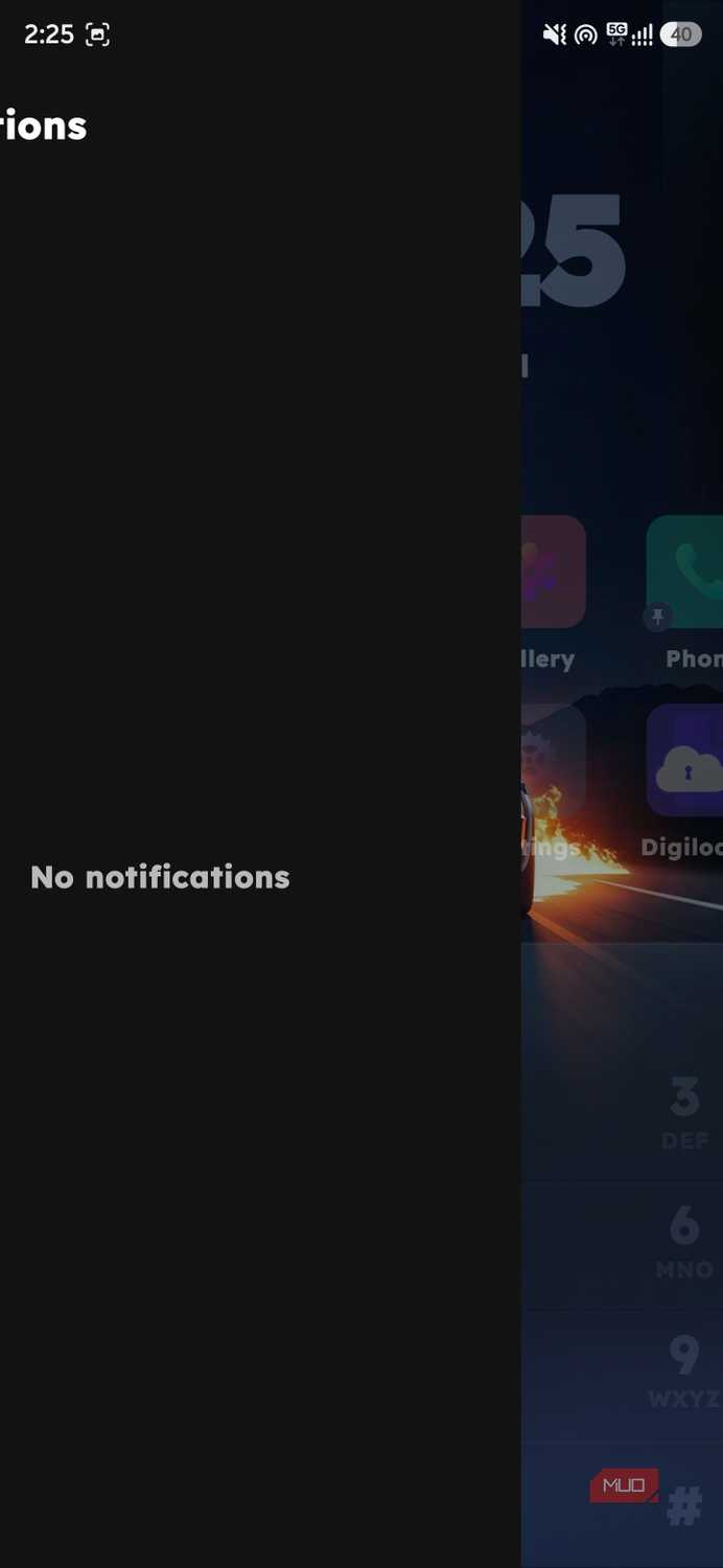 Mobile screen split showing a side-panel notification center with the message "No notifications" next to a home screen