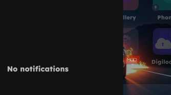 Mobile screen split showing a side-panel notification center with the message "No notifications" next to a home screen
